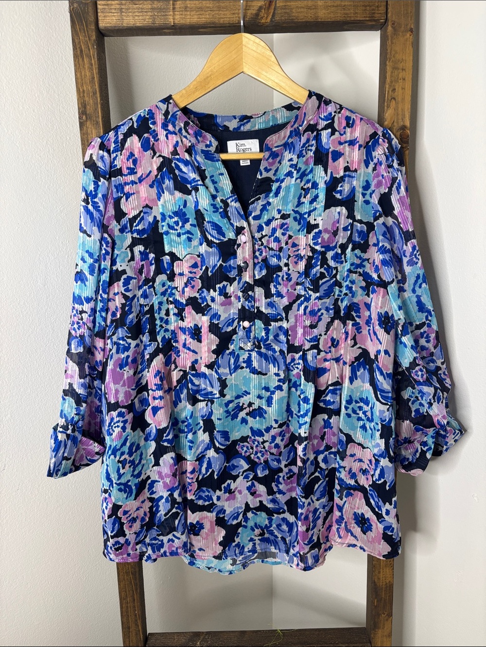 Kim Rogers Navy Floral V-Neck Pleated Tunic with Blue and Pink Accents Size M